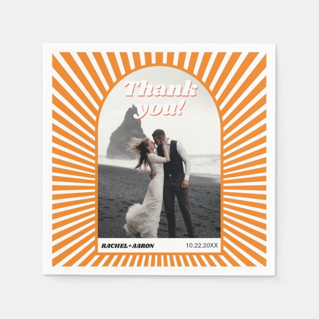 Retro groovy orange sunrays 70s inspired wedding napkin (Front)