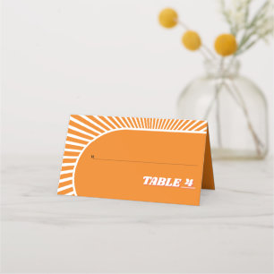 Retro groovy orange sunrays 70s inspired wedding place card