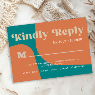 Retro groovy orange teal bold typography wedding RSVP card