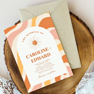 Retro Groovy Orange Wavy Boho Wedding Qr Code Invitation