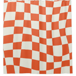 Retro Groovy orange wavy checkered Pattern Shower Curtain