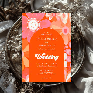 Retro groovy orange yellow and pink flowers invitation