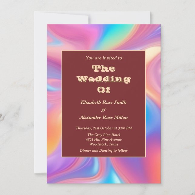 Retro groovy pastel abstract waves wedding invitation (Front)