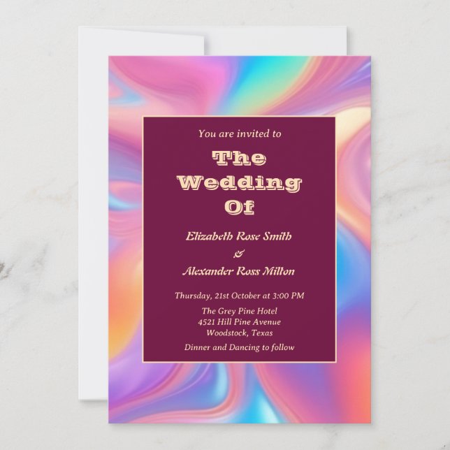 Retro groovy pastel abstract waves wedding invitation (Front)