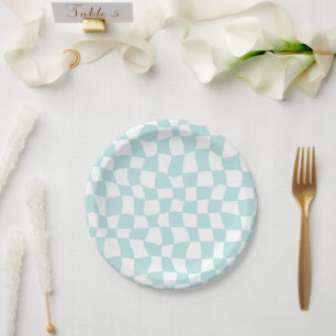 Retro Groovy Pastel Blue White Checks Checkered    Paper Plate