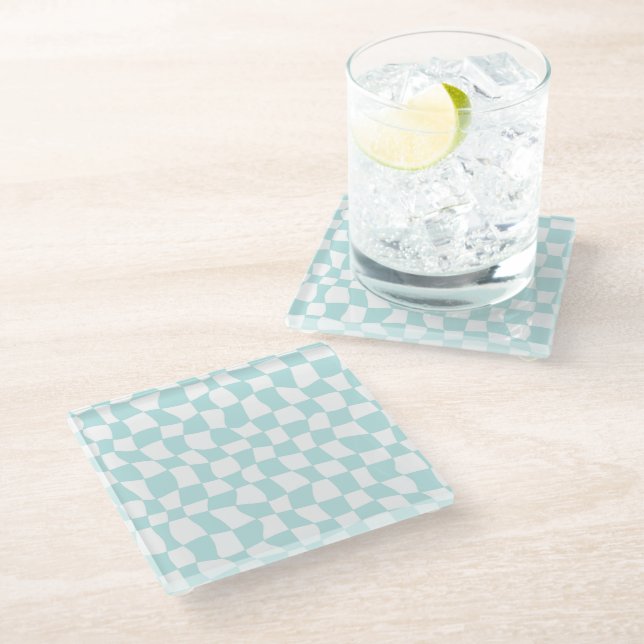 Retro Groovy Pastel Blue White Checks Chequered    Glass Coaster (Angled)