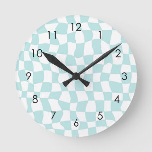 Retro Groovy Pastel Blue White Checks Chequered   Round Clock
