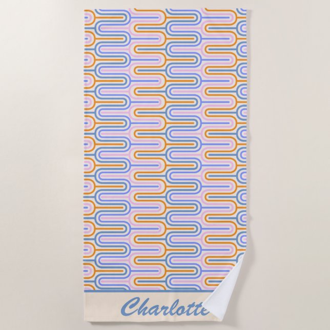 Retro Groovy Pastel Lines Pattern Personalised Beach Towel (Front)
