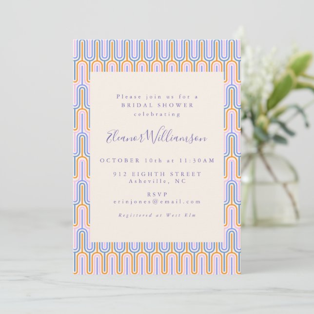 Retro Groovy Pastel Lines Periwinkle Bridal Shower Invitation (Standing Front)