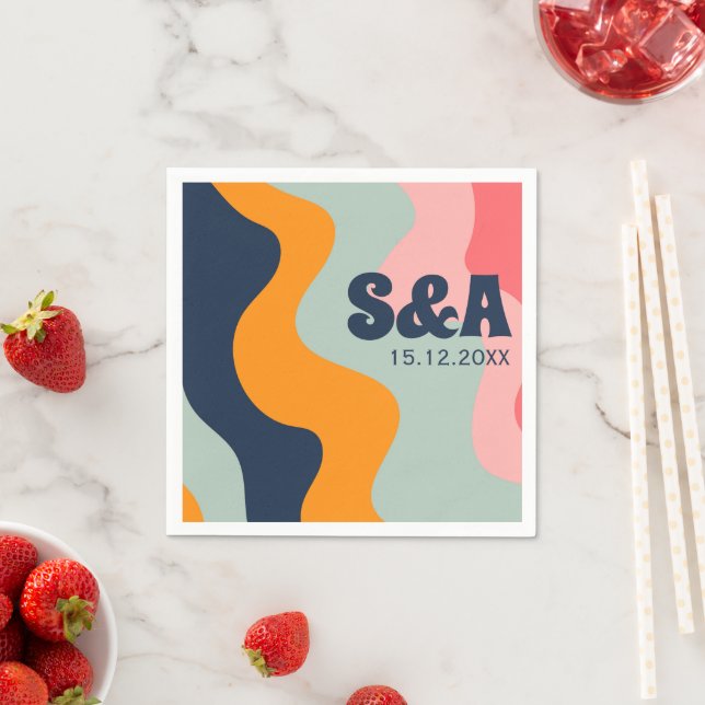 Retro Groovy Pastel Pink Blue Orange Wedding Napkin (Insitu)