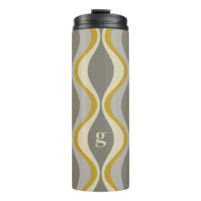 retro groovy pattern - monogram - gold taupe thermal tumbler (Front)
