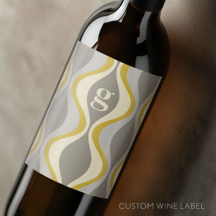 retro groovy pattern - monogram - gold taupe wine label