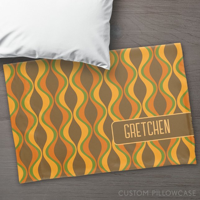retro groovy pattern - monogram - olive pillowcase (Custom Pillowcase)