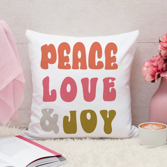 Retro Groovy Peace Love Joy Holiday  Cushion (Back Photo Retro Groovy Peace Love Joy Holiday Photo Throw Pillow)