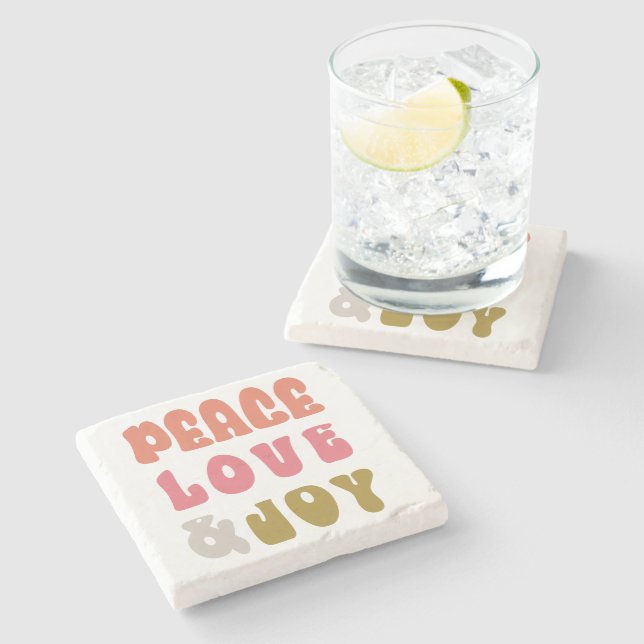 Retro Groovy Peace Love Joy Holiday Photo Stone Coaster (Side)