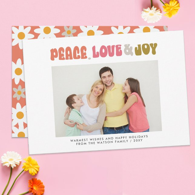 Retro Groovy Peace Love Joy Typography Photo Holiday Card (Retro Groovy Peace Love Joy Typography Photo Holiday Card)