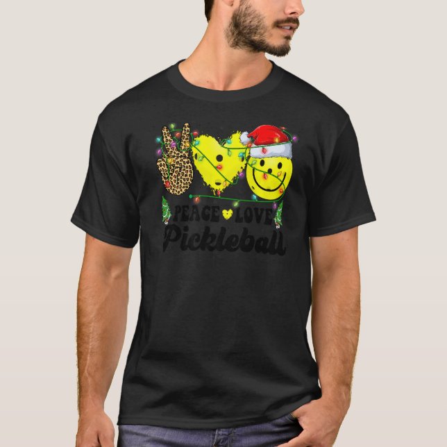 Retro Groovy Peace Love Pickleball Christmas Light T-Shirt (Front)