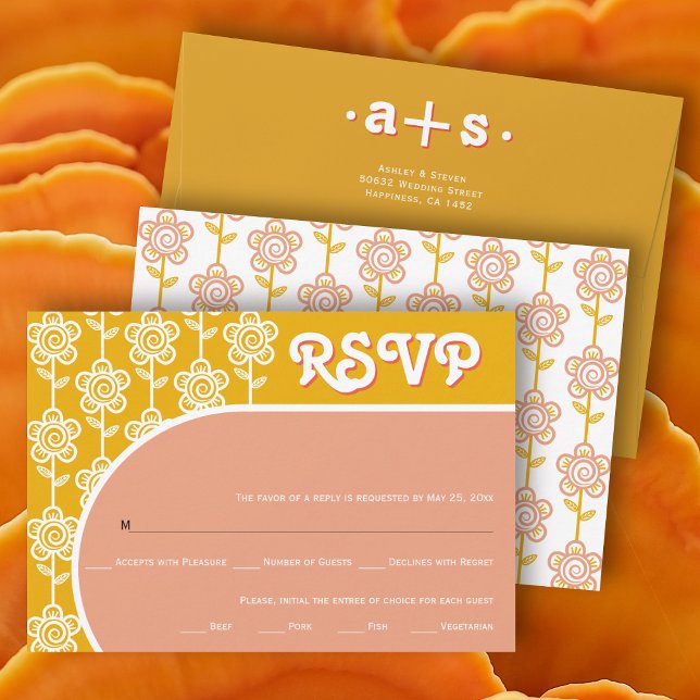 Retro groovy peach and yellow 70s wedding RSVP Card (Creator Uploaded)