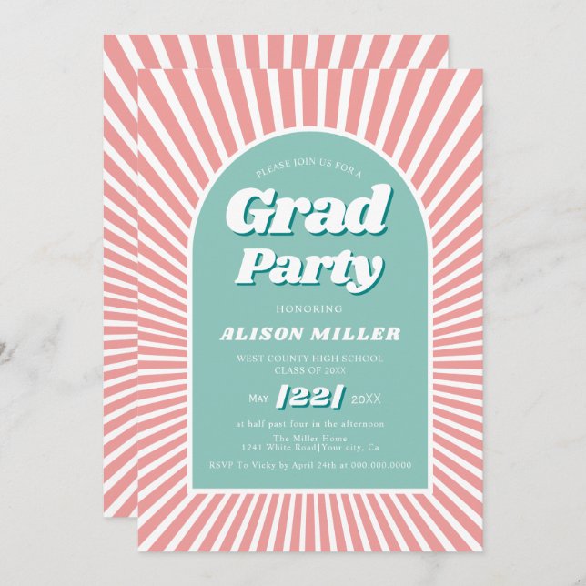 Retro groovy pink and aqua sunrays 70s Graduation Invitation (Front/Back)