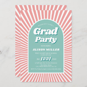 Retro groovy pink and aqua sunrays 70s Graduation Invitation