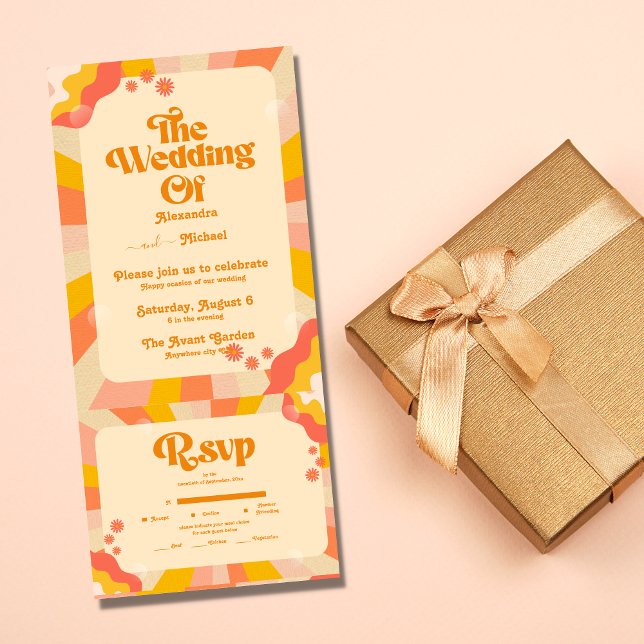 Retro Groovy Pink and Gold Wave Wedding All In One All In One Invitation (Creator Uploaded)