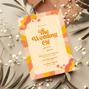 Retro Groovy Pink and Gold Wave Wedding Invitation