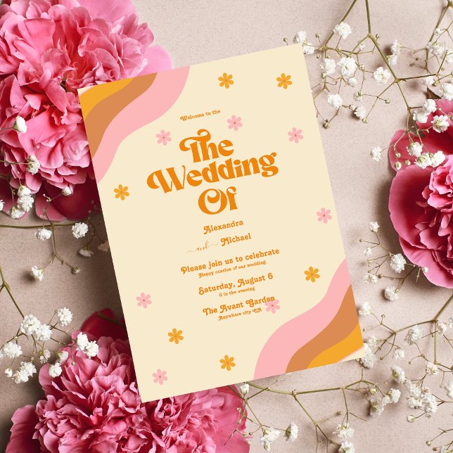 Retro Groovy Pink and Gold Wave Wedding Invitation (Creator Uploaded)