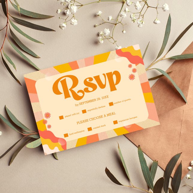 Retro Groovy Pink and Gold Wave Wedding RSVP Card (Creator Uploaded)