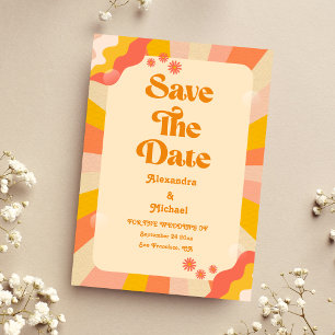 Retro Groovy Pink and Gold Wave Wedding Save The D Date