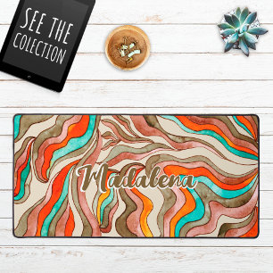 Retro Groovy Pink Burnt Orange Wavy Script Name Desk Mat