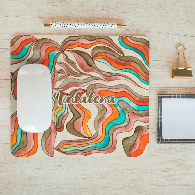 Retro Groovy Pink Burnt Orange Wavy Script Name Mouse Mat (Front)