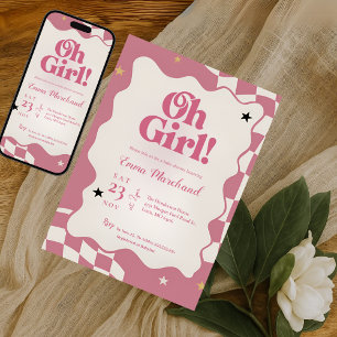 Retro Groovy Pink Checkered Oh Girl Baby Shower Invitation
