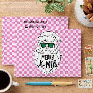 Retro Groovy Pink Checkered Santa Claus Christmas Envelope