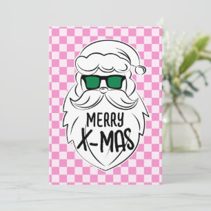 Retro Groovy Pink Checkered Santa Claus Christmas Holiday Card