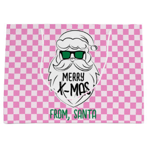 Retro Groovy Pink Checkered Santa Claus Christmas Large Gift Bag