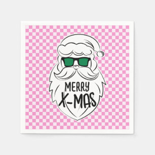 Retro Groovy Pink Checkered Santa Claus Christmas Napkin