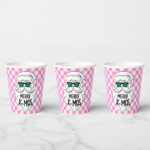 Retro Groovy Pink Checkered Santa Claus Christmas Paper Cups