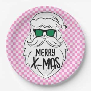 Retro Groovy Pink Checkered Santa Claus Christmas Paper Plate