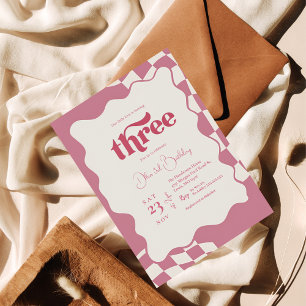 Retro Groovy Pink Checkered Three 3rd Birthday Inv Invitation