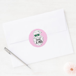Retro Groovy Pink Chequered Santa Claus Christmas  Classic Round Sticker