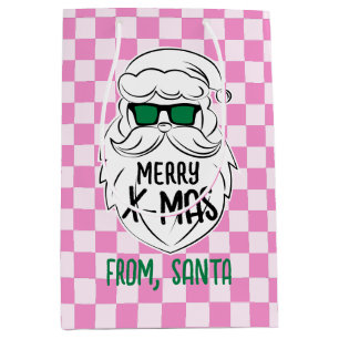Retro Groovy Pink Chequered Santa Claus Christmas Medium Gift Bag