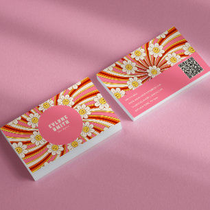 Retro Groovy Pink Colourful  QR Code 70s Floral  Business Card