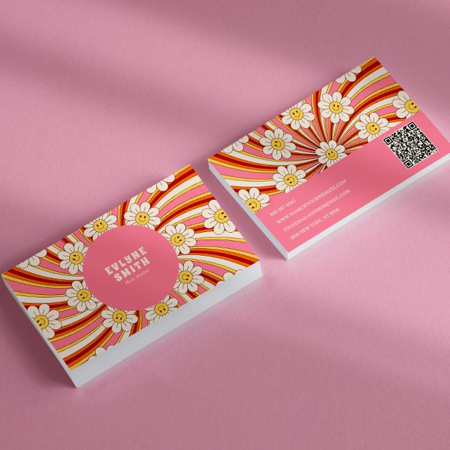 Retro Groovy Pink Colourful  QR Code 70s Floral  Business Card (Creator Uploaded)