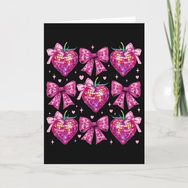 Retro Groovy Pink Coquette Bow Strawberry Valentin Card (Front)