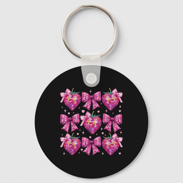 Retro Groovy Pink Coquette Bow Strawberry Valentin Key Ring (Front)