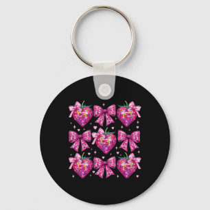 Retro Groovy Pink Coquette Bow Strawberry Valentin Key Ring