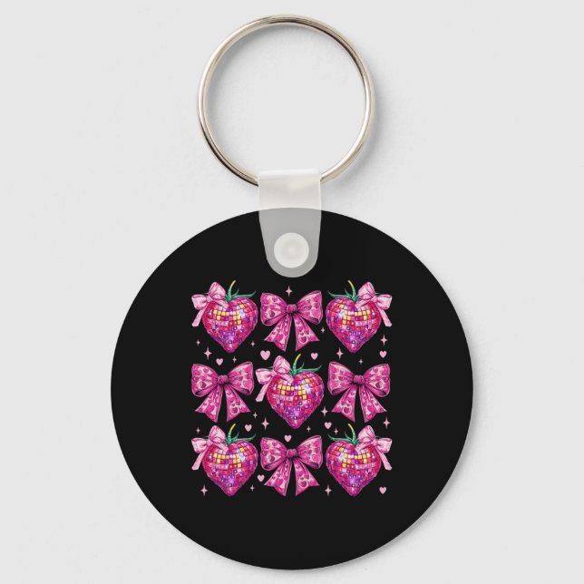Retro Groovy Pink Coquette Bow Strawberry Valentin Key Ring (Front)
