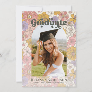 Retro Groovy Pink Floral Arch Graduation Photo Invitation