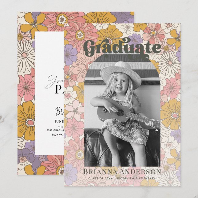 Retro Groovy Pink Floral Arch Kids Graduation Invitation (Front/Back)