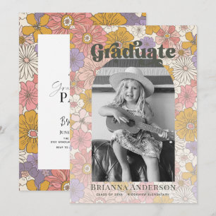 Retro Groovy Pink Floral Arch Kids Graduation Invitation